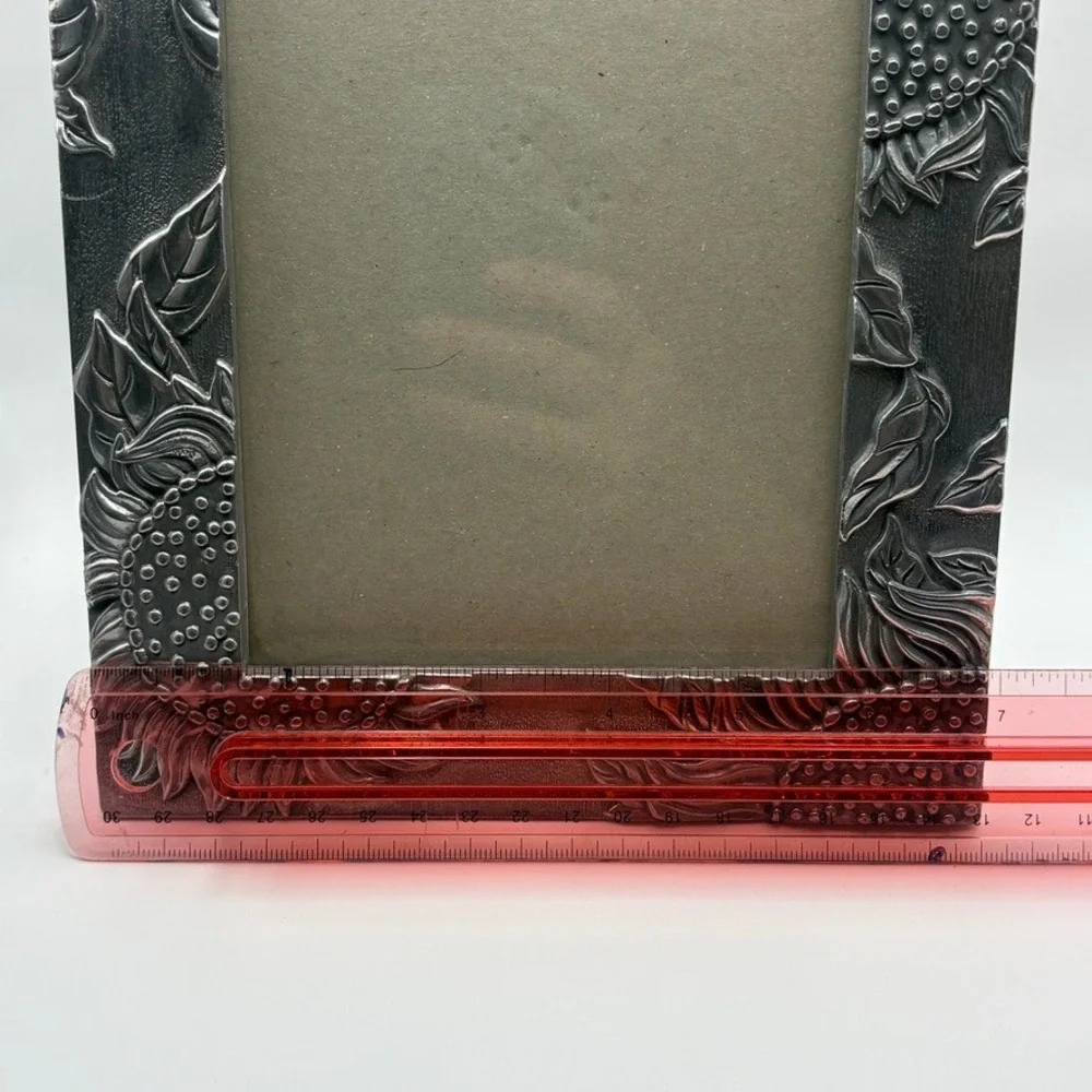 Vintage Sunflower Embossed Metal Picture Frame Pewter Tone Whimsical Forest